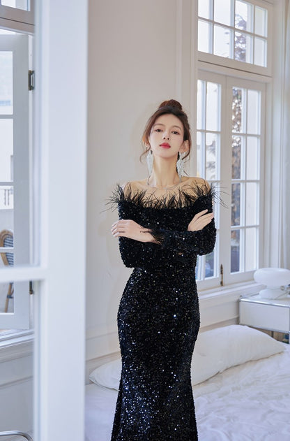 DOLLY Luxury Black Off Shoulder Feather Sequin Tube Top Long Evening Dress-LORELEI