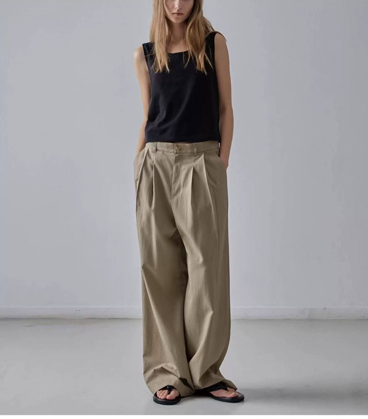 NOTHING WRITTEN Low Classic Casual Pants Women's Summer 2025 New Versatile High-Waisted Slimming Corduroy Straight-leg Wide-leg Pants-KATE'