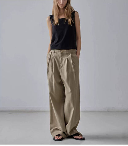 NOTHING WRITTEN Low Classic Casual Pants Women's Summer 2025 New Versatile High-Waisted Slimming Corduroy Straight-leg Wide-leg Pants-KATE'
