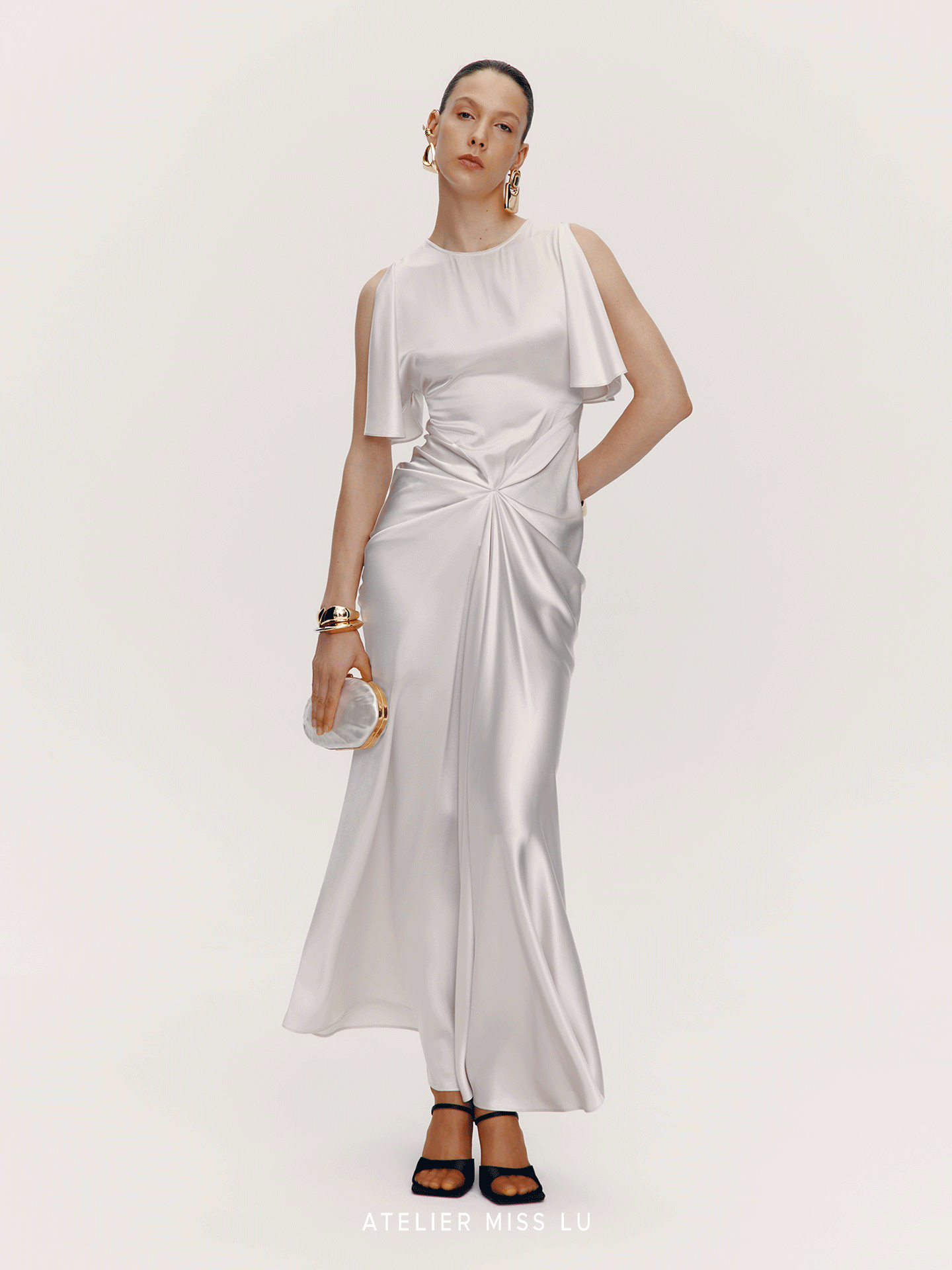 ATELIER MISS LU Draped Acetate Blend Flowing Sleeve Dress - ICING