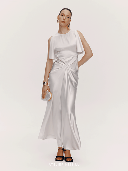 ATELIER MISS LU Draped Acetate Blend Flowing Sleeve Dress - ICING