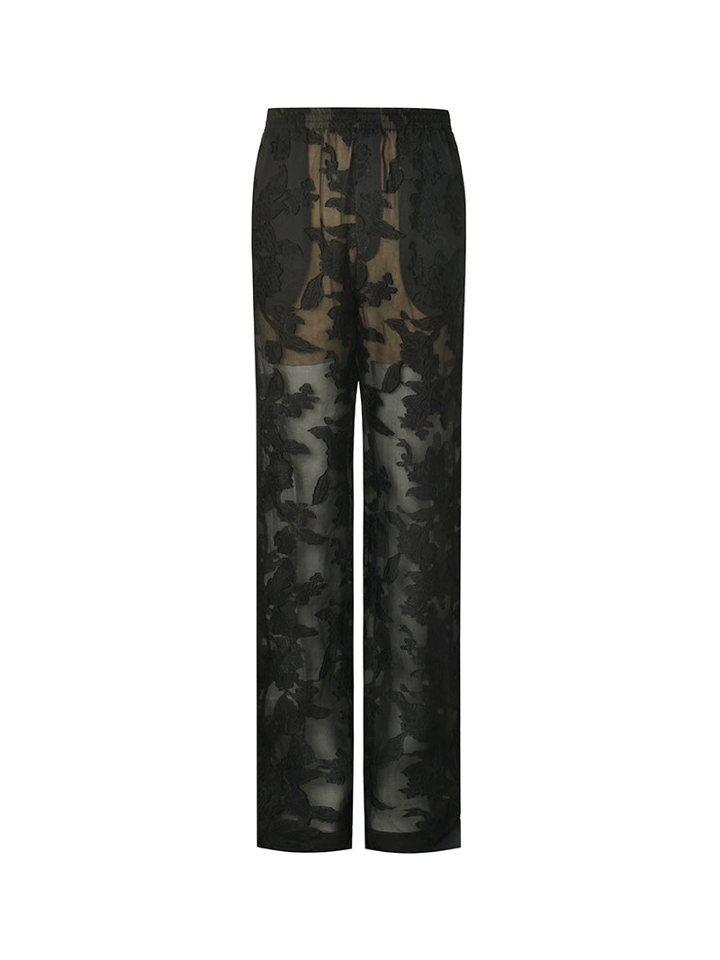 M essential Mackay designer slashed silk-cut semi-sheer lace pant top - indigo.