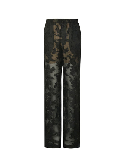 M essential Mackay designer slashed silk-cut semi-sheer lace pant top - indigo.