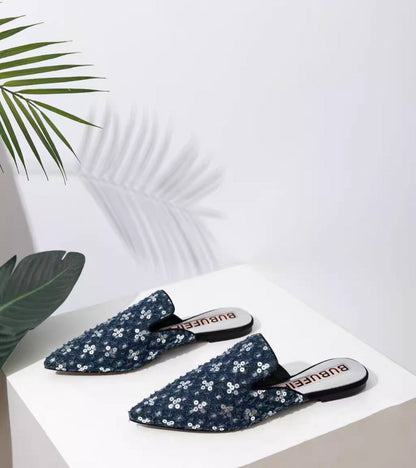 B-FEI'S Denim Sequin Pointed Toe Casual Flat Mules-MATT.