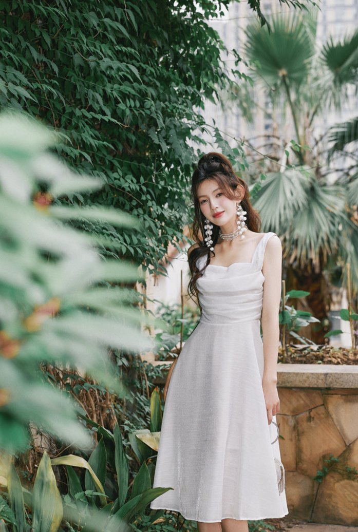 DOLLY Luxury White Retro Style Sleeveless Pleated Midi Suspender Dinner Dress-EUDORA