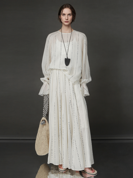 PIAOIN French dotted stripe micro fishtail skirt women's Tencel linen texture A-line skirt-CELESTE