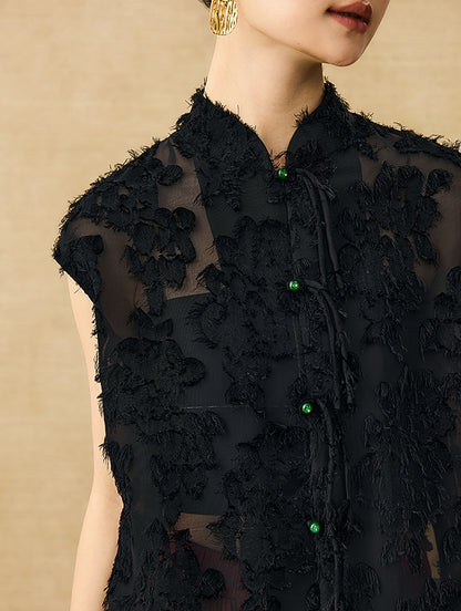 HECO Chinese Style Stand-up Collar Cut Flower Sleeveless Shirt - HELD .