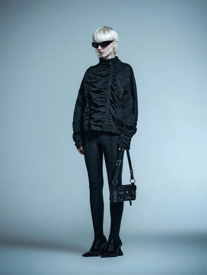 ANNAKIKI black zipper split function pleated jacket for women-HINA