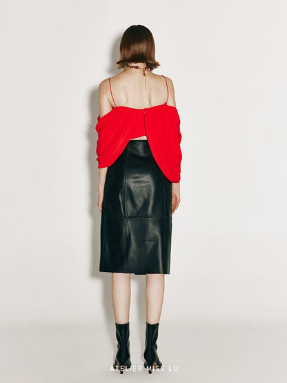 ATELIER MISS LU irregular draped design off-the-shoulder suspender top - KING.