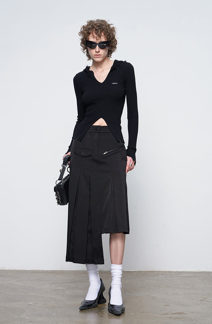 ANNAKIKI model black asymmetrical pleated skirt for women-CHIKAKO