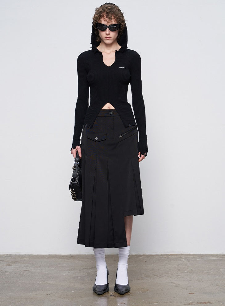 ANNAKIKI model black asymmetrical pleated skirt for women-CHIKAKO