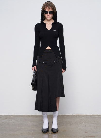ANNAKIKI model black asymmetrical pleated skirt for women-CHIKAKO