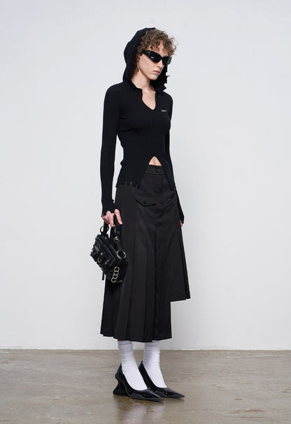 ANNAKIKI model black asymmetrical pleated skirt for women-CHIKAKO