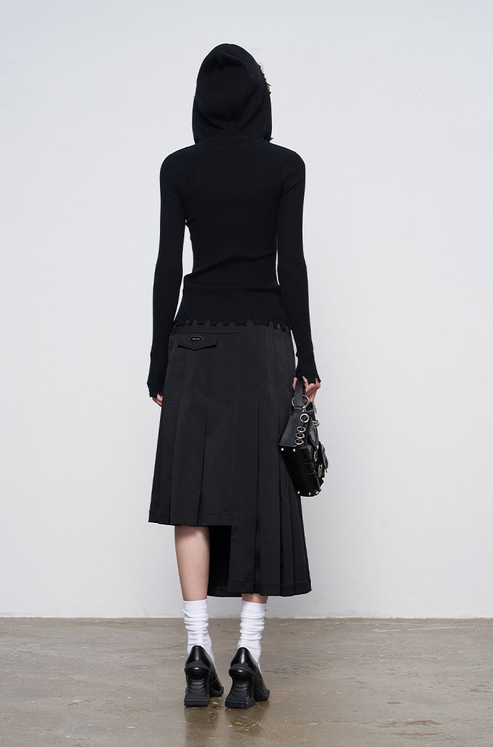 ANNAKIKI model black asymmetrical pleated skirt for women-CHIKAKO