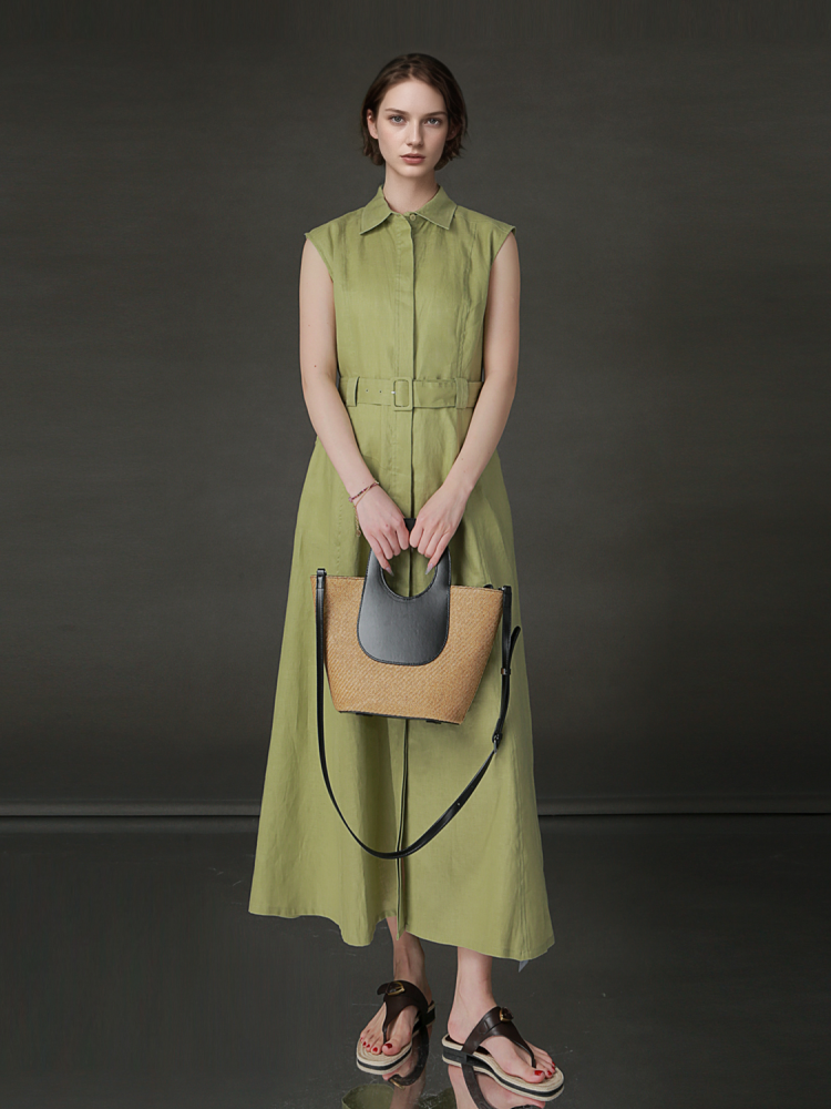 PIAOIN minimalist 100% linen sleeveless belted midi green pastel blue shirt dress -EVELYN.