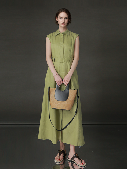 PIAOIN minimalist 100% linen sleeveless belted midi green pastel blue shirt dress -EVELYN.