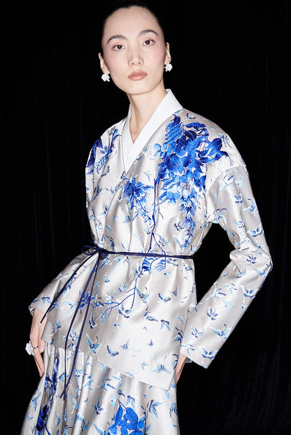 M essential Mackay designer butterfly dance jacquard blue vine and butterfly coat - WEST.