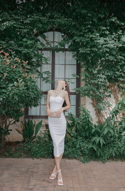 DOLLY Luxury White Simple Off Shoulder Tube Top Slim Fit Hip Hug Banquet Dress-BORA