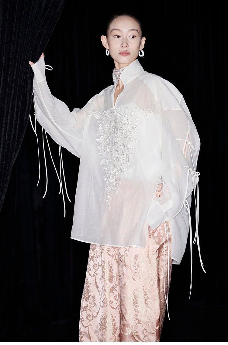 M essential Mackay designer soft-paper pale overshirt with pavement embroidery - serious.