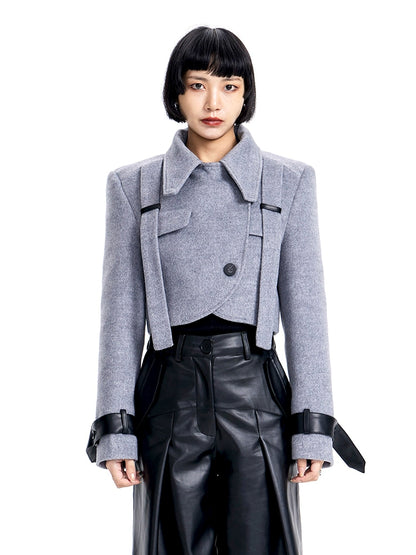 TINY IN leather stitched cropped women's wool jacket -DEKU