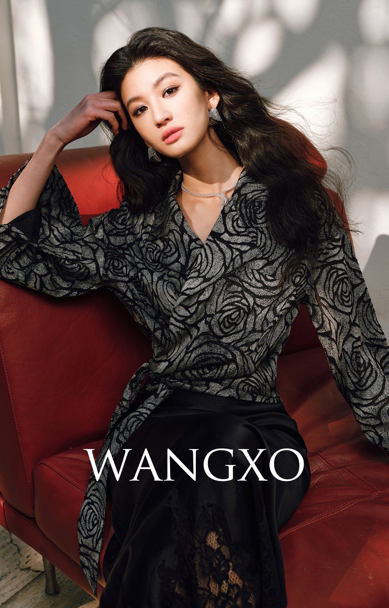 WANGXO | Rose Embossed Georgette with Cut Flowers Long Sleeve Cropped Shirt-SENA.