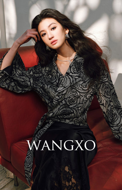 WANGXO | Rose Embossed Georgette with Cut Flowers Long Sleeve Cropped Shirt-SENA.