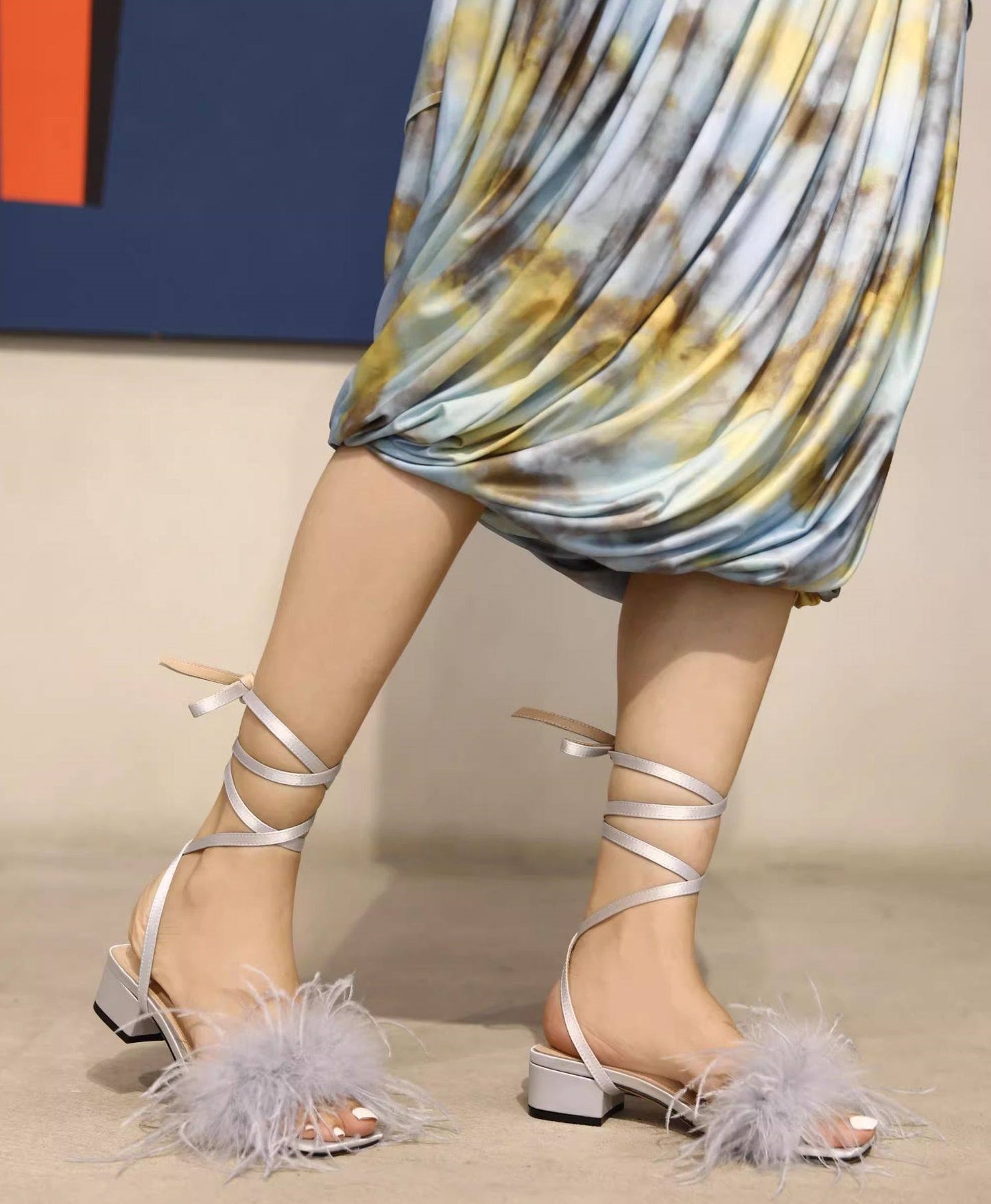 B-FEI Soft feather sandals Lace-up square heel -HANK.