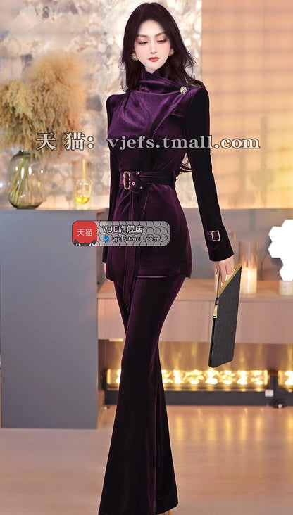 VJE Style Velvet Top Flared Pants Two-Piece Set Suit-MOON.