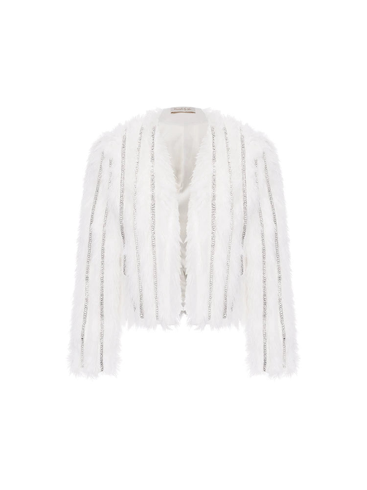 Wardrobes by Chen Luxury White Crystal Diamond Chain Tassel Short Fur Jacket-Leni