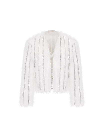 Wardrobes by Chen Luxury White Crystal Diamond Chain Tassel Short Fur Jacket-Leni
