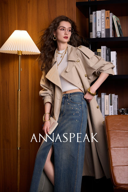 ANNASPEAK Denim long staple cotton slit skirt denim skirt-ISLE.