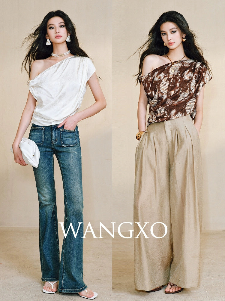 WANGXO Heavy Work Glossy Satin Hand-Pinched Pleats Slanted Shoulders Twisted Top - CERYS