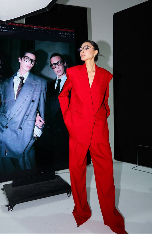 MEI SANGUAN Wool-Blend Red Blazer & Floor-Length Slacks Suit - MOSES