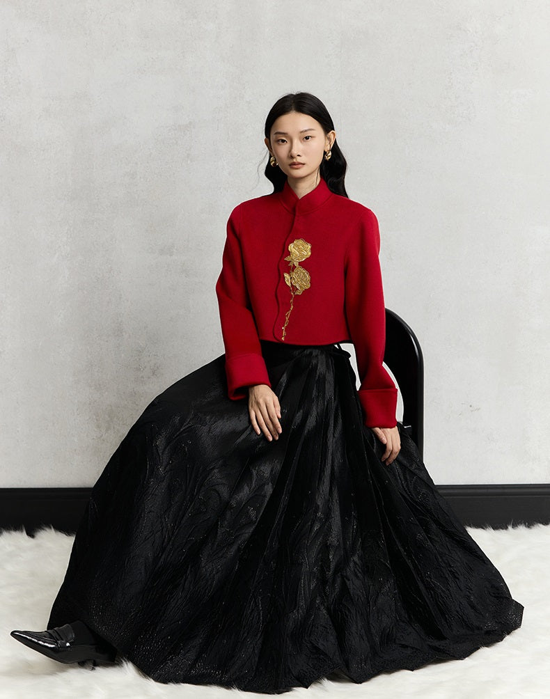 HECO 100% wool Embroidery Red black Short Double-Sided Tweed Jacket Women - out.