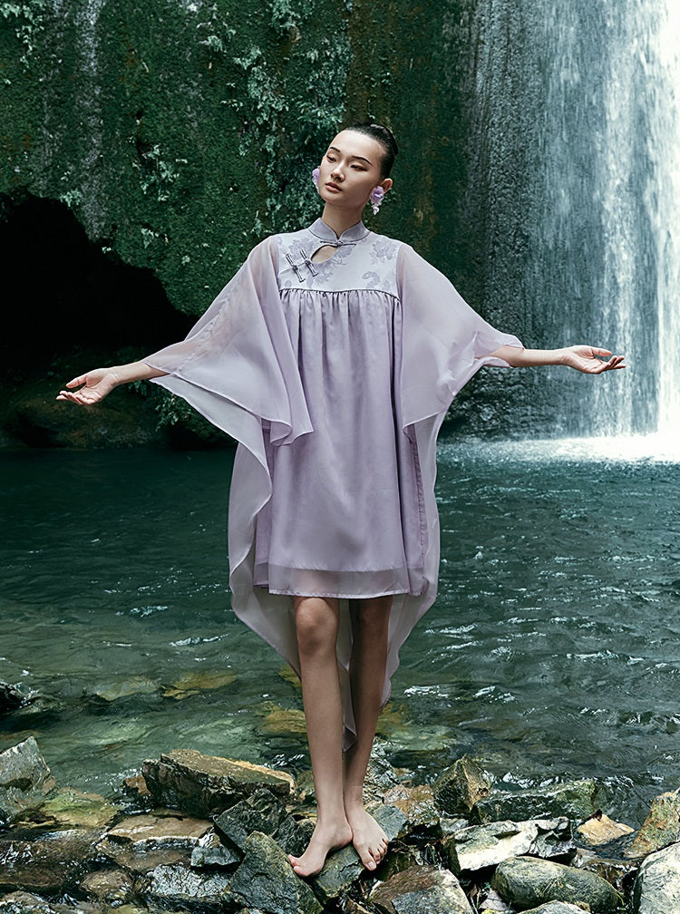 HECO [Feng Wu Clear Sleeves] New Chinese Standing Collar Buckle Flowing Dress- CLOAK.