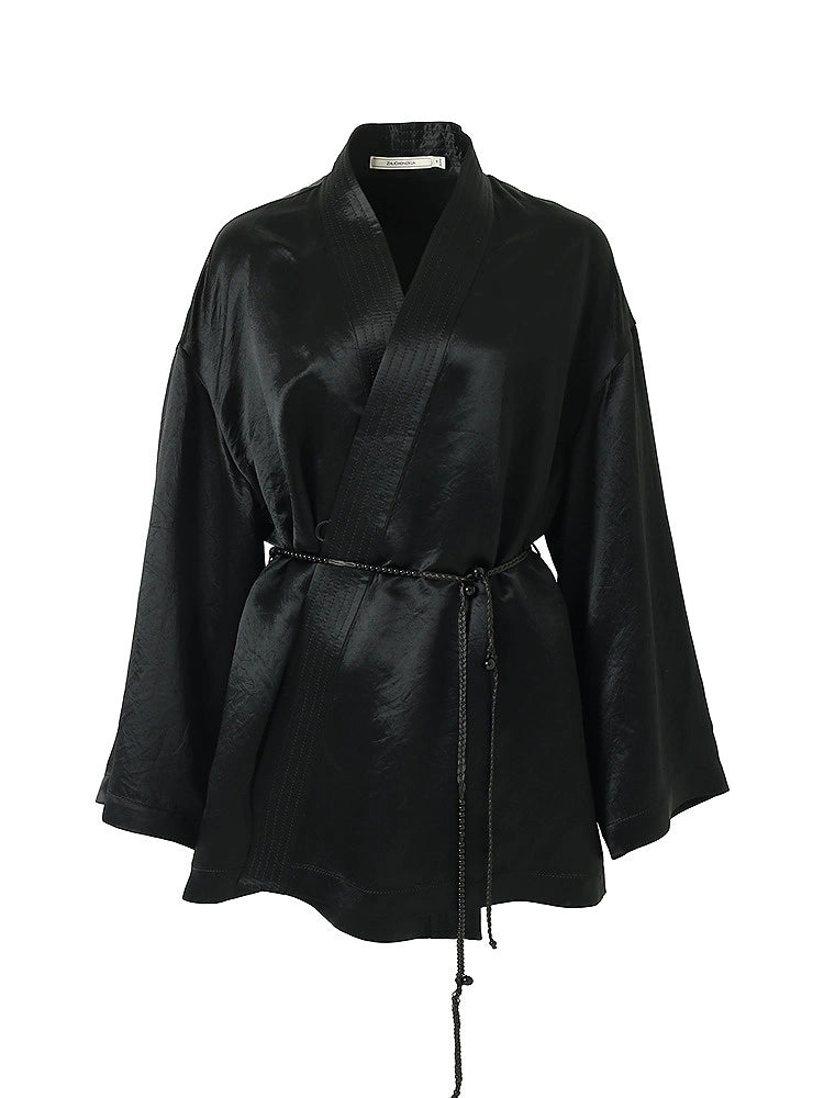 ZHUCHONGYU cross-collar satin black loose with belt jacket--MISAKI.