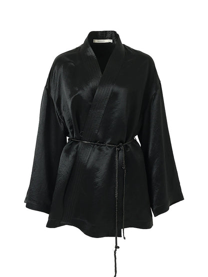 ZHUCHONGYU cross-collar satin black loose with belt jacket--MISAKI.