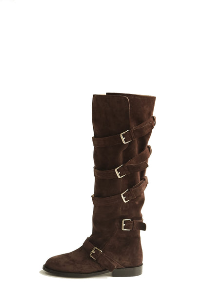 B-FEI belt buckle high-top leather women's fashion boots.