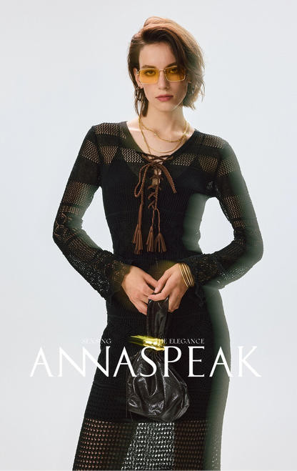 ANNASPEAK Fringe Lace-up Slim Knit Dress- CHACHA.
