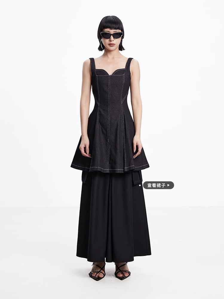 TINY IN topstitched denim women's summer short black dress -DAZE