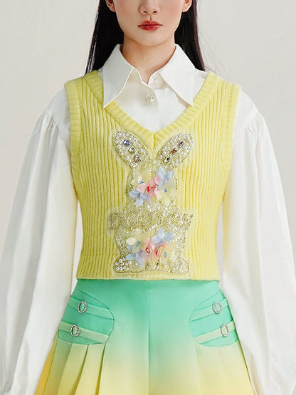 CHECOCRE Balloon Sleeve Shirt With Diamond Vest Gradient Shorts Suit - DESPERADO