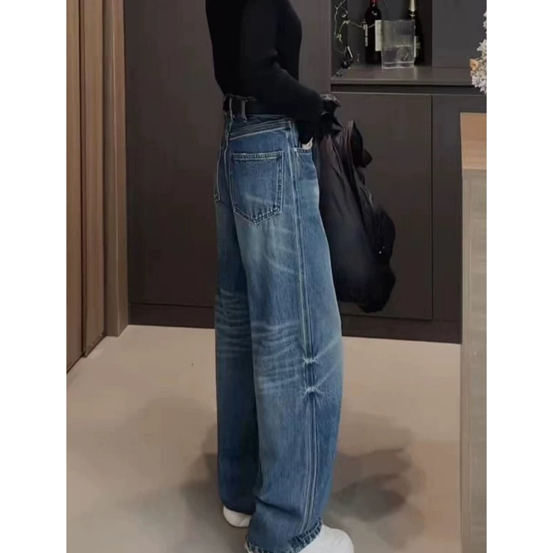 PIAOIN retro  wash jeans women's slim straight pants jeans -CLARA