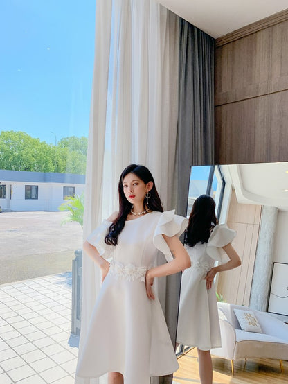 DOLLY Elegant White Slant Collar Short Ruffle Sleeves Midi A-Line Dinner Dress-CRYSTA