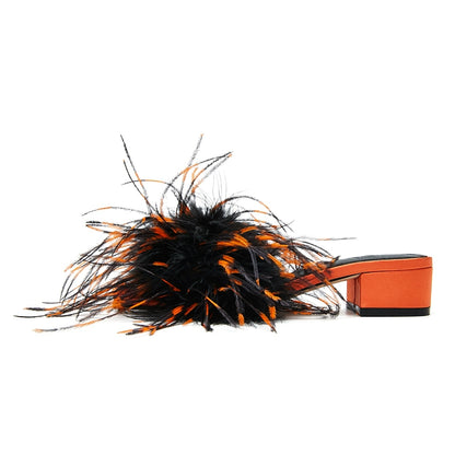 B-FEI feather slippers mid-heel color-blocked women's sandals-UCHIS.