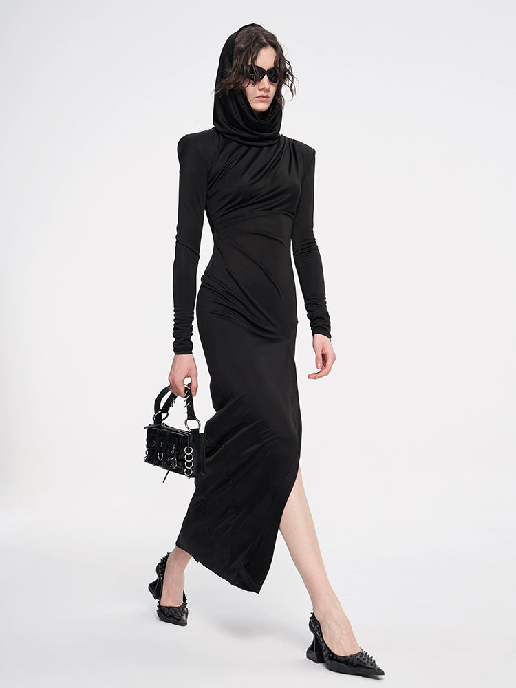 ANNAKIKI Designer Black Acetate Hood Slit Long Skirt Dress-HARUNA