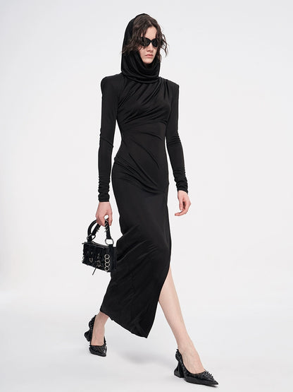 ANNAKIKI Designer Black Acetate Hood Slit Long Skirt Dress-HARUNA