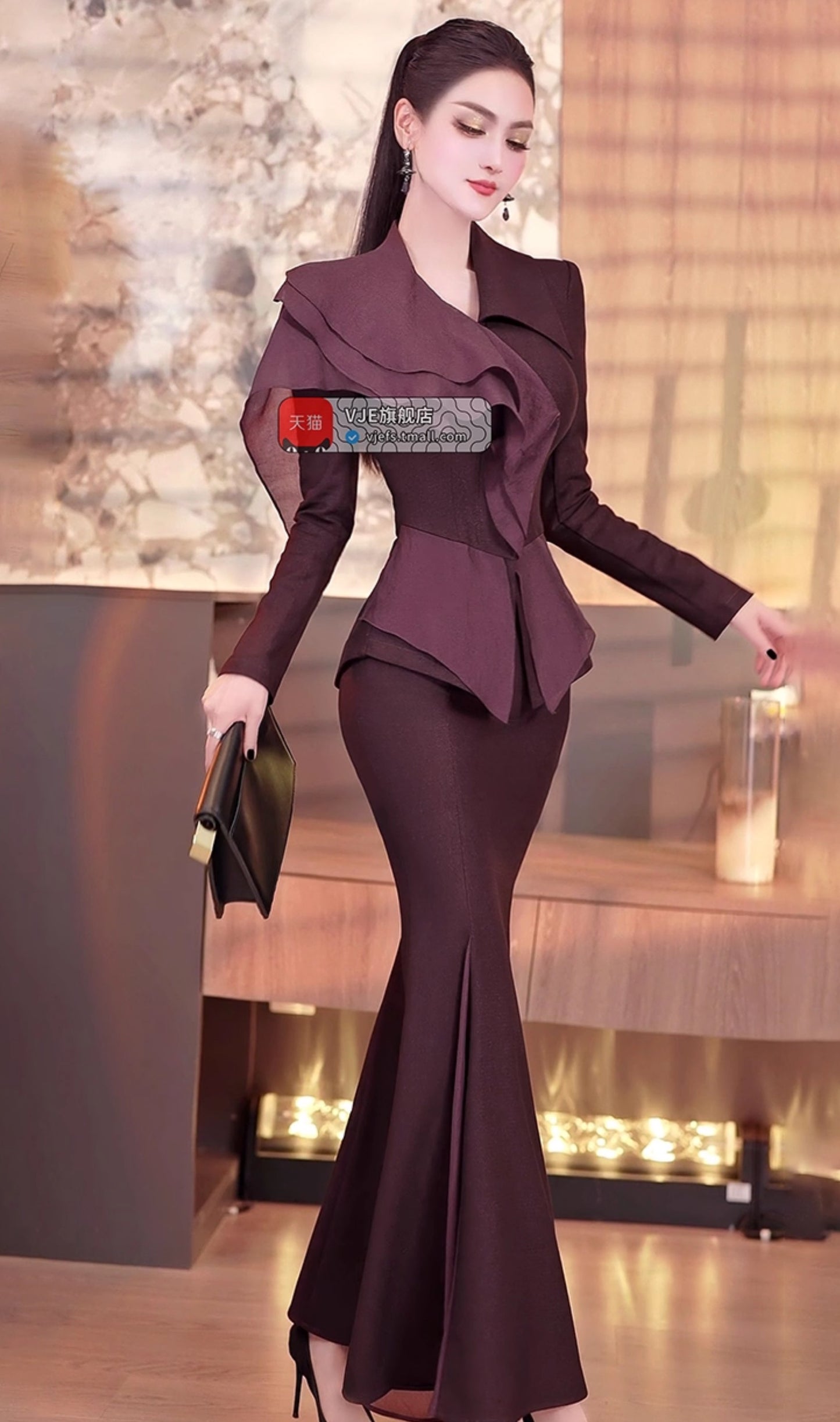 VJE  slim ruffled jacket mermaid skirt two-piece suit set- JOKY.