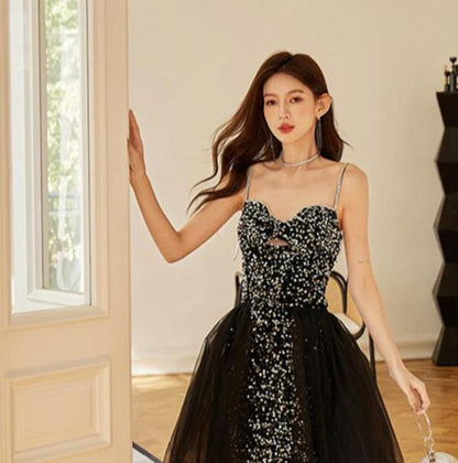 DOLLY Luxury Black Sleeveless Sequin Mesh Ribbon Birthday Dress-CARAMEL