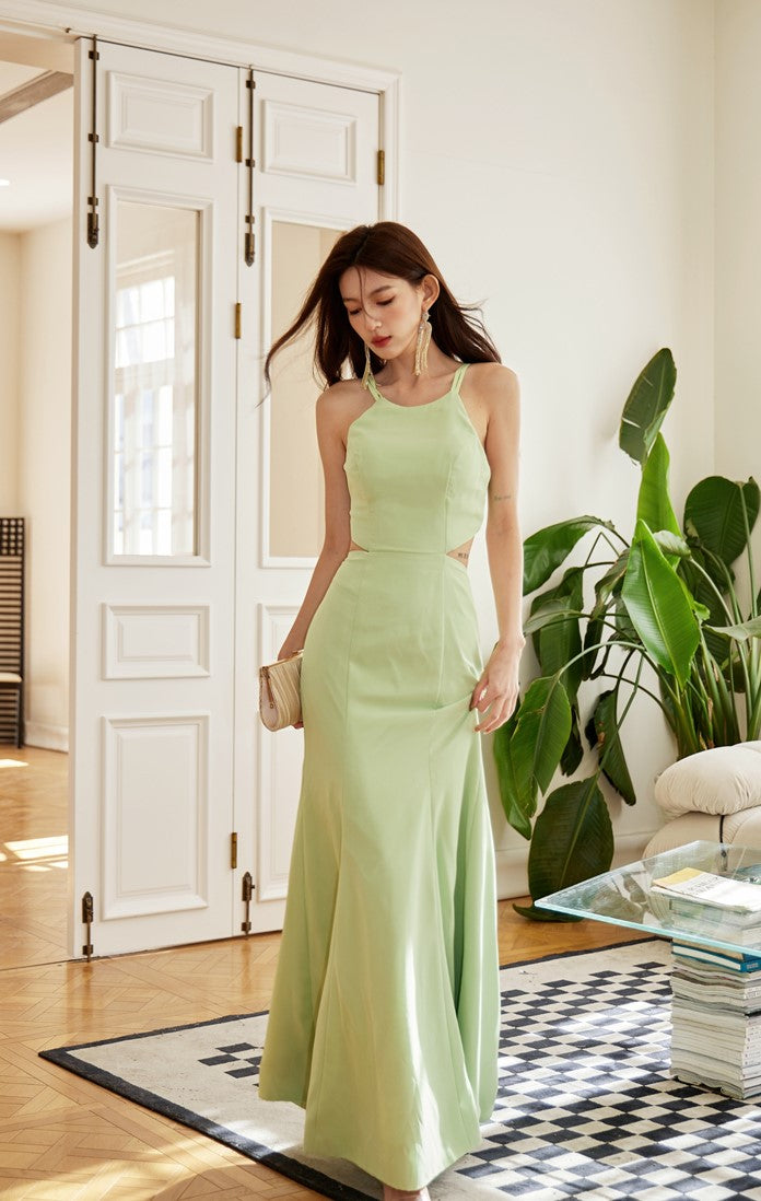DOLLY Elegant Light Green Sleeveless Halter Neck Backless Long Cocktail Dress-OPRAH