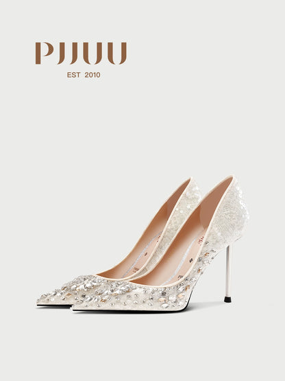 PJJUU pointed toe high heeled rhinestone shoes - GLAP.